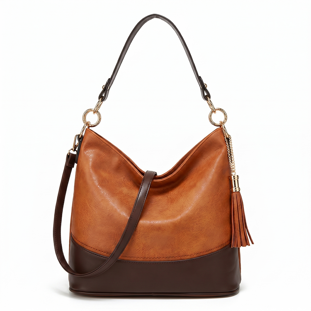 3-Piece Vegan Leather Leech Pattern Hobo Bag Set – Brown & Tan with Tassel Detail