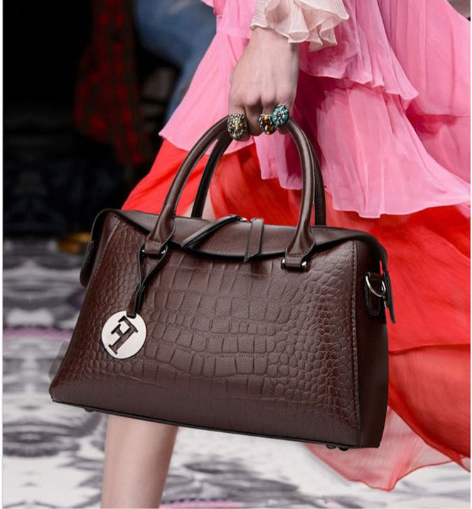 Rich Chocolate Croc-Embossed Tote Bag with Crossbody Strap