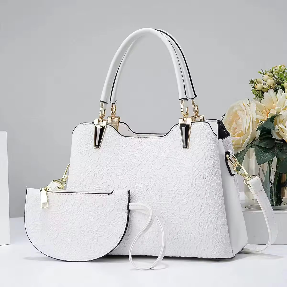 White Floral Lace Tote Bag with Wristlet Clutch – 2-Piece Set