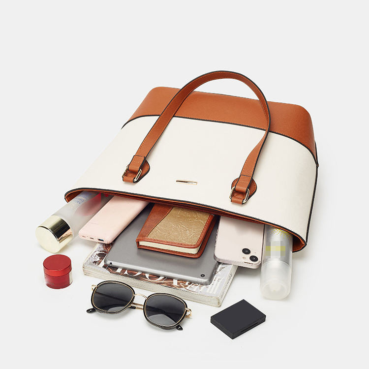 Luxury Leather Tote & Wristlet Set – White & Tan Minimalist Design