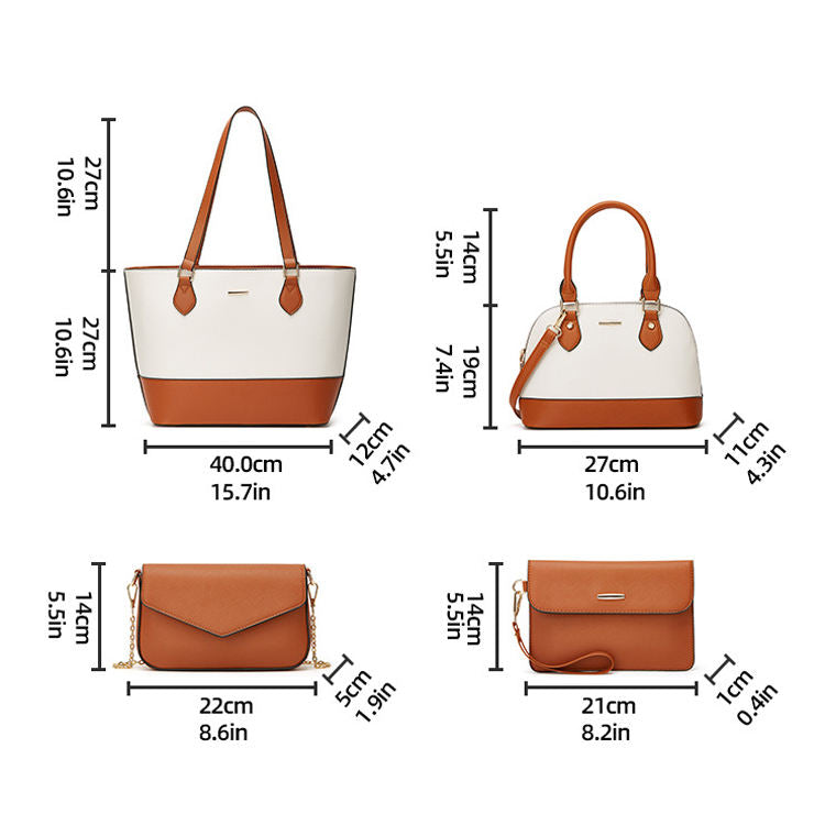 4-Piece Two-Tone Handbag Set – Tote, Satchel, Crossbody & Wristlet