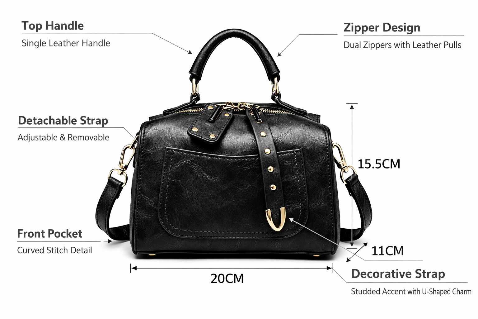 Black Structured Satchel Vintage Bag with Gold Hardware & Crossbody Strap