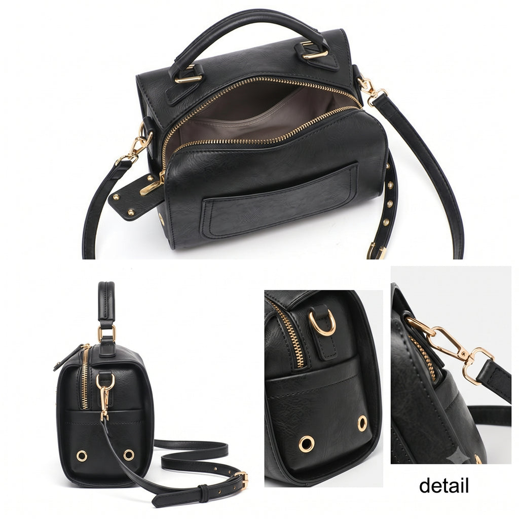 Black Structured Satchel Vintage Bag with Gold Hardware & Crossbody Strap