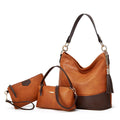 3-piece brown and tan leather handbag set including hobo bag with tassel, mini structured bag, and wristlet clutch