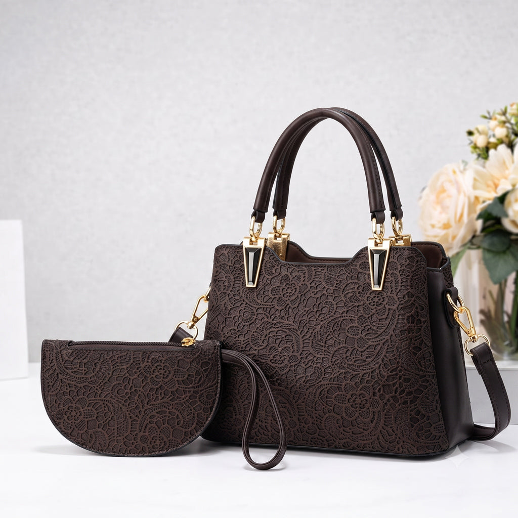 Coffee Brown Floral Lace Tote Bag with Wristlet Clutch – 2-Piece Set