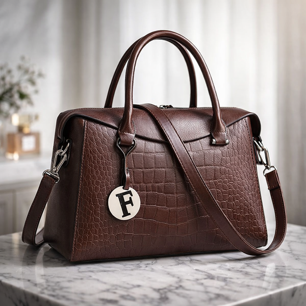 A brown faux-crocodile leather handbag with double top handles and a detachable shoulder strap, resting on a gray marble surface. It features a hanging circular metal charm with a black letter 'F' on a white background.