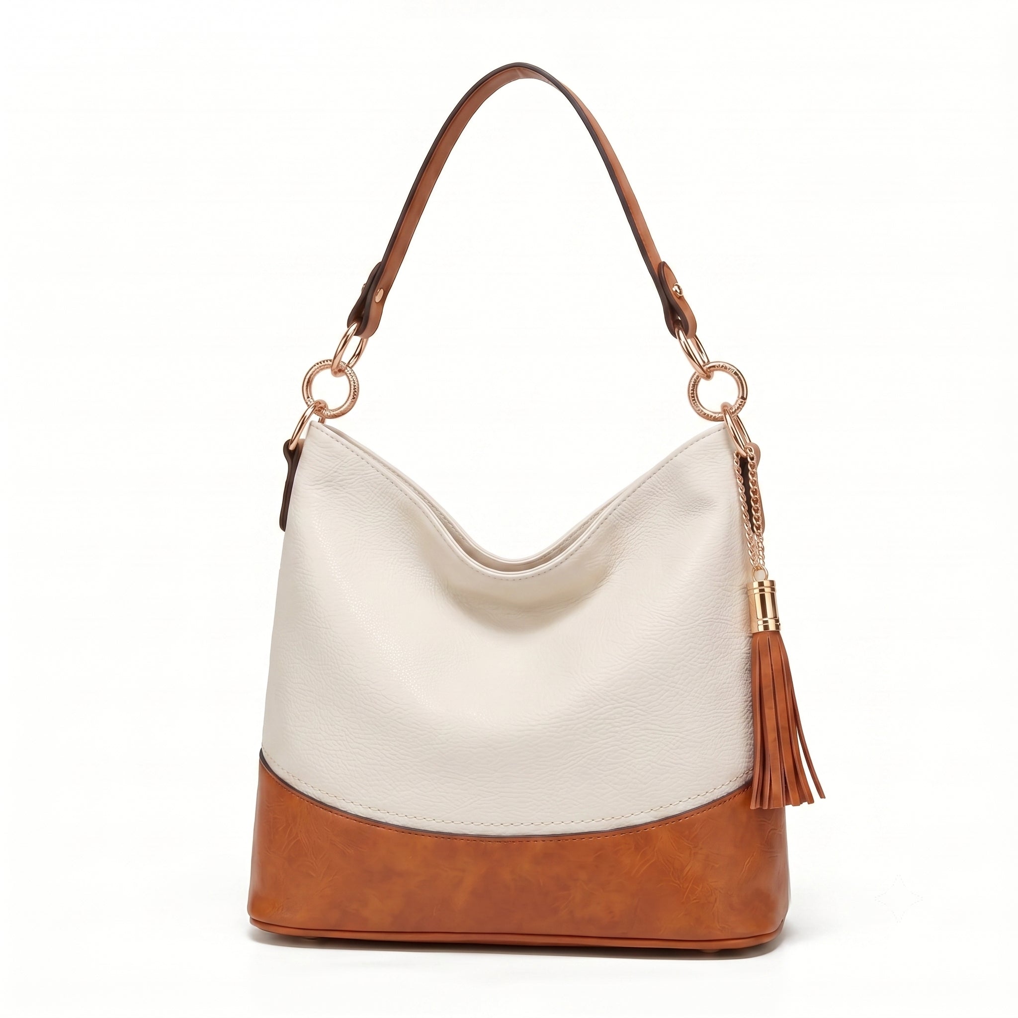 Naddyov 3-Piece Handbag Set – White & Tan Hobo Bag with Crossbody & Clutch