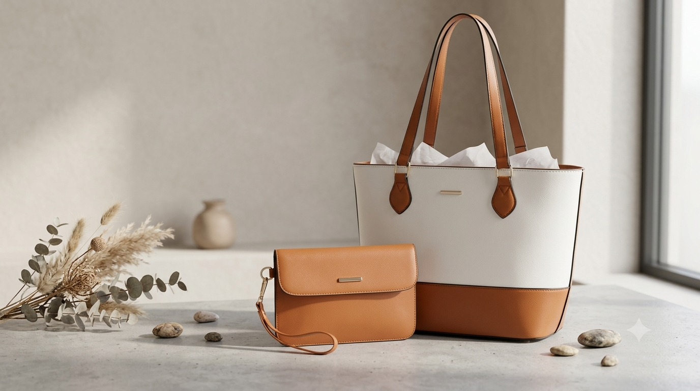 Luxury Leather Tote & Wristlet Set – White & Tan Minimalist Design