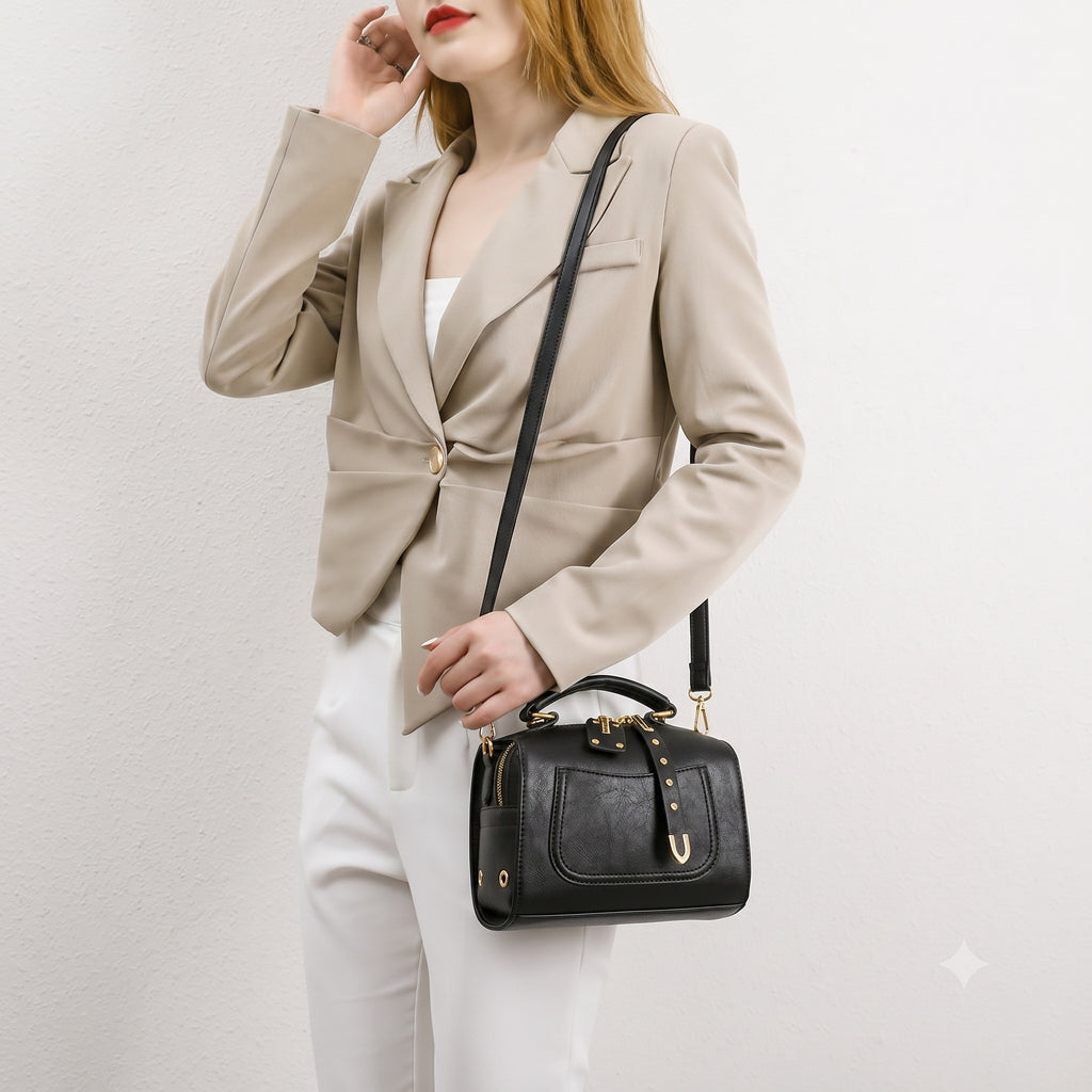 Black Structured Satchel Vintage Bag with Gold Hardware & Crossbody Strap