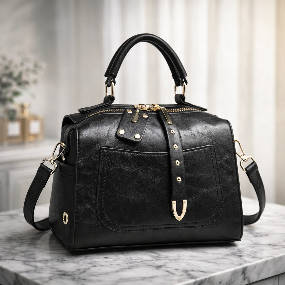 A black leather handbag with gold-tone hardware, featuring a top handle, a front pocket with a decorative strap and studs, and a shoulder strap - NADDYOV 