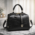 Black Structured Satchel Vintage Bag with Gold Hardware & Crossbody Strap