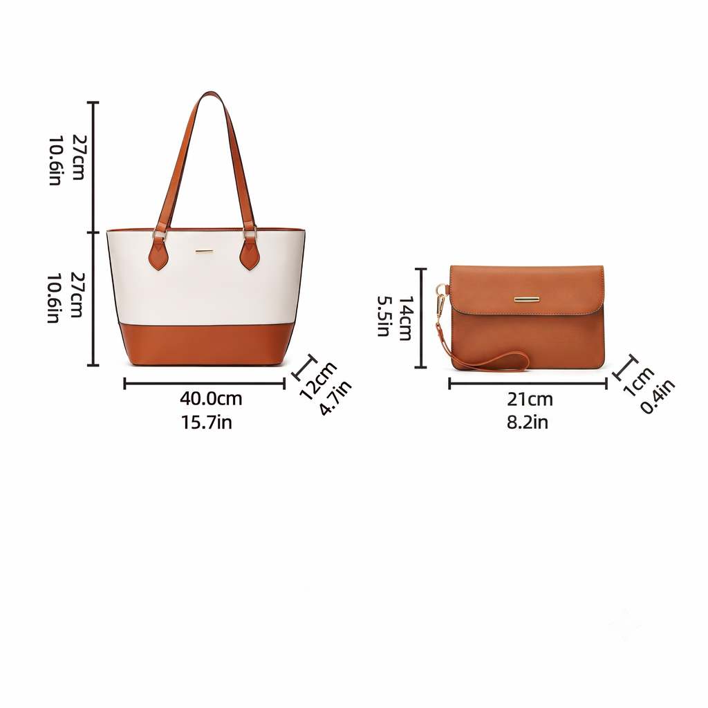 Luxury Leather Tote & Wristlet Set – White & Tan Minimalist Design