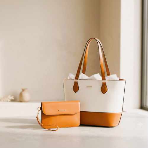 White Tan Luxury Tote Wristlet Set