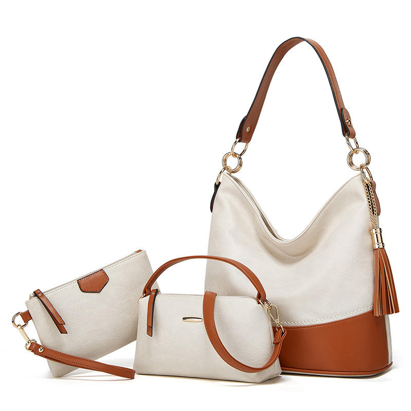 Naddyov 3-Piece Handbag Set – White & Tan Hobo Bag with Crossbody & Clutch